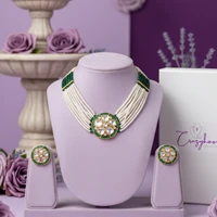 Royal Pearl Kundan Necklace Set with Green Detailing