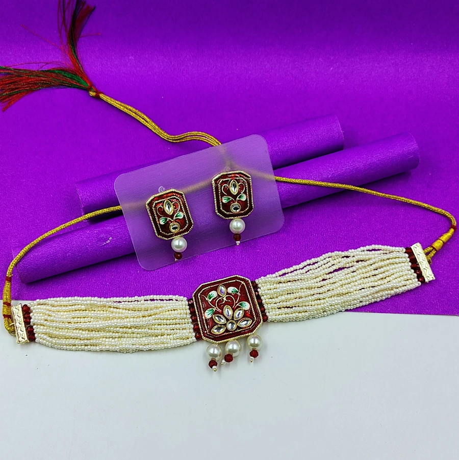 Crazyhoor Piroi WorK  Meenakari Pearl Chokar