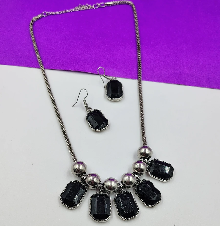 Crazyhoor Black Crystal Statement Necklace with Clear Crystals Earrings