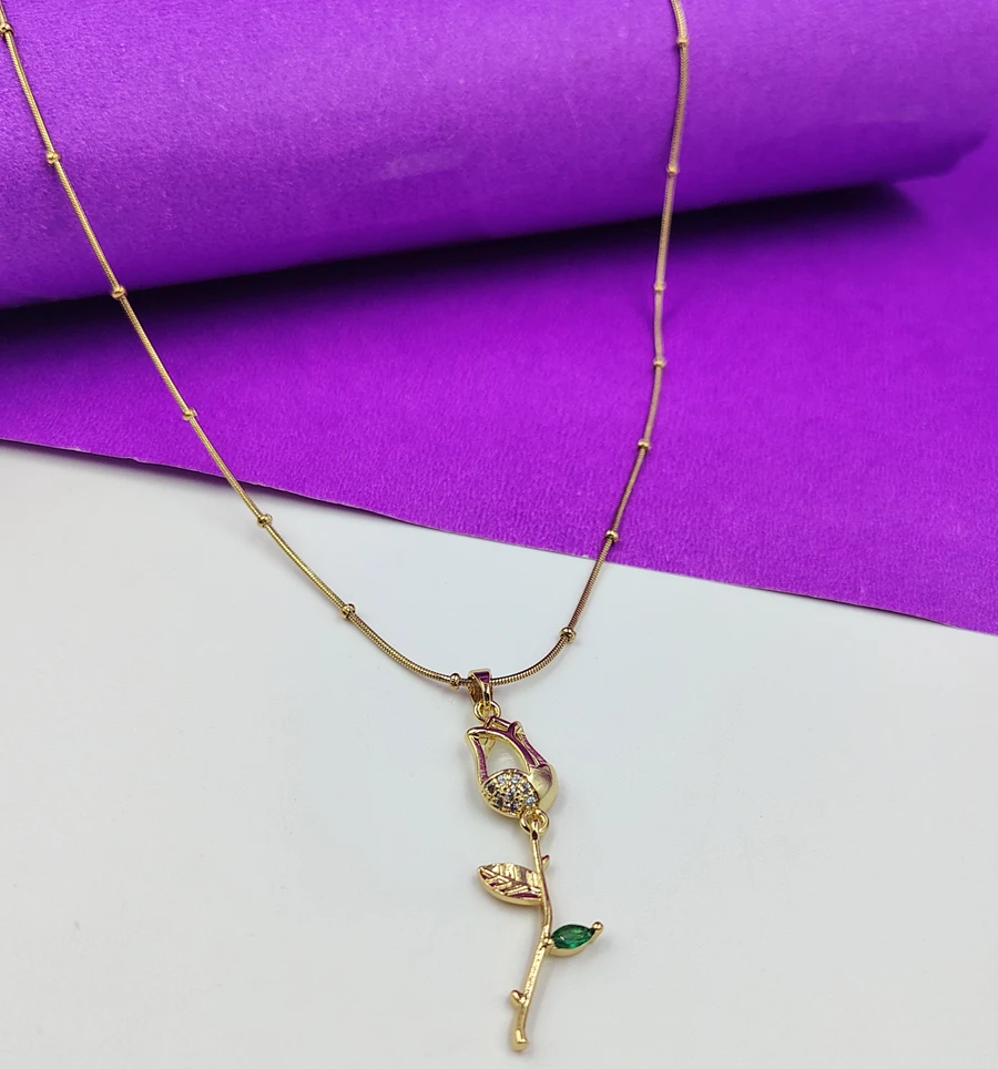 Crazyhoor Gold Plated Brass and Cubic Zirconia Rose Stem Necklace