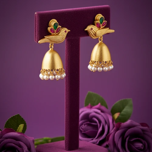 Bird Motif Gold Jhumka Earrings