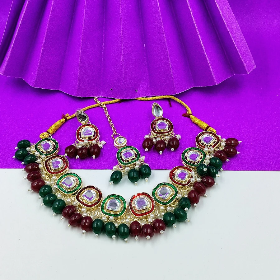 Green Beads Premium Polki  Chokar iewellery Set