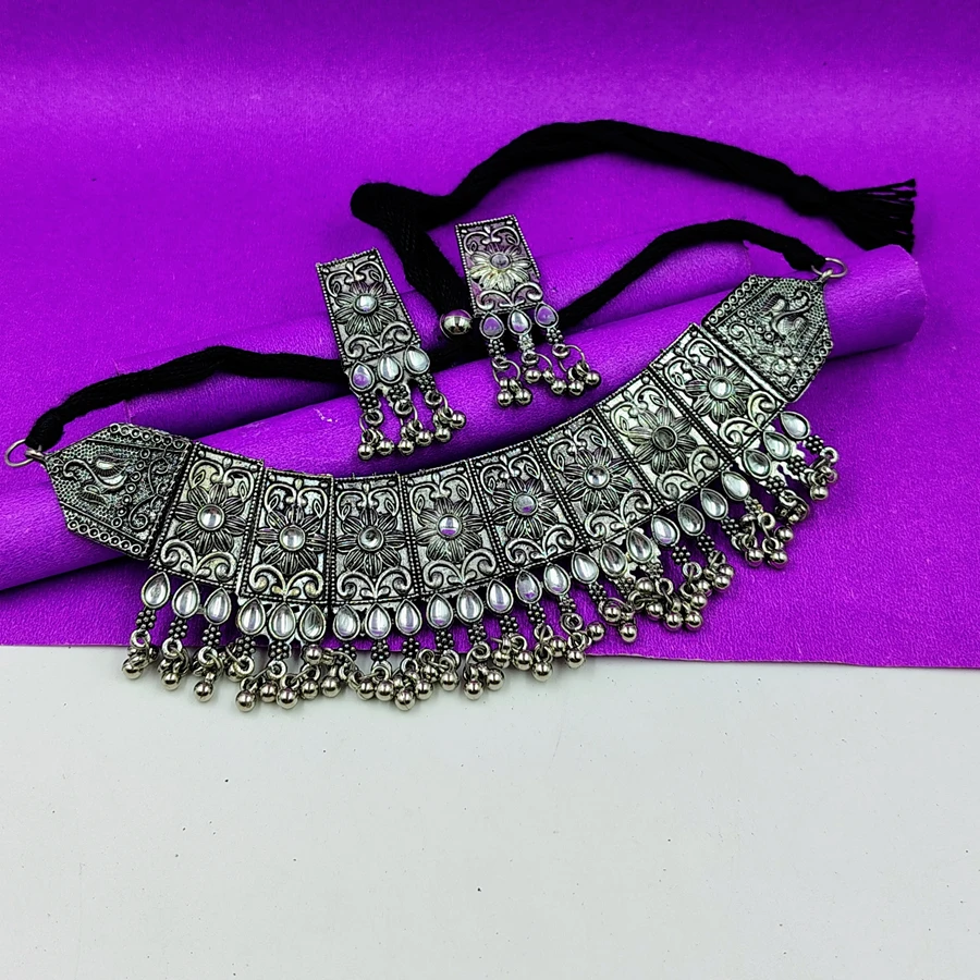 Crazyhoor Black Polished Oxidised Silver Choker Necklace Set With Earrings