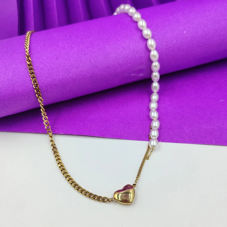 Crazyhoor Italian Style Golden Heart & Pearl Duo Necklace