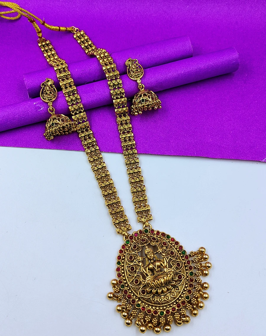 Temple Long Haram Antique Gold  Laxmi Mata Plated Necklace