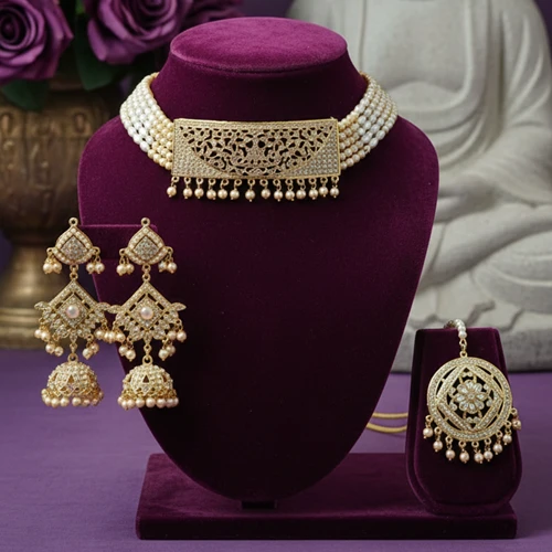 Pearl Choker Necklace Set with Royal Gold Detailing