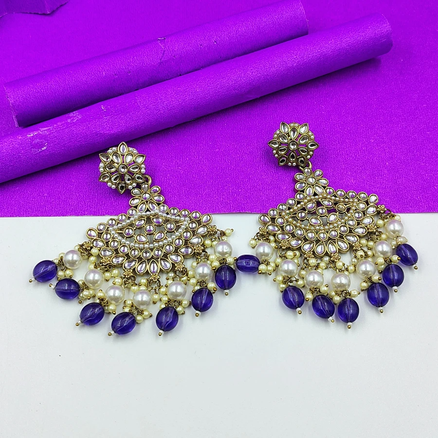 Crazyhoor Antique gold tone kundan violet chanbala party wear earrings