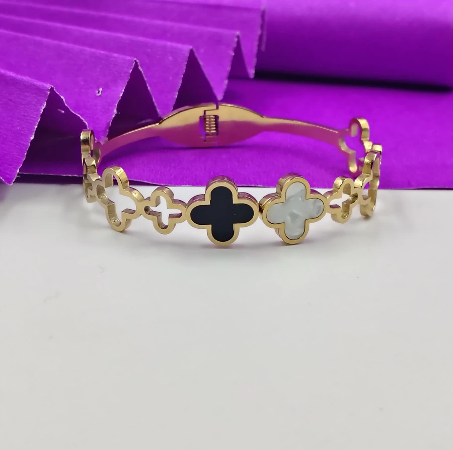 crazyhoor Golden And White Clover Plated Stainless Steel Bangle-Style Bracelet