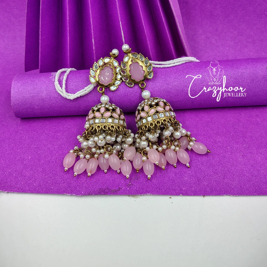 Gold-Plated Mayura Jhumka Earrings with Kanauti