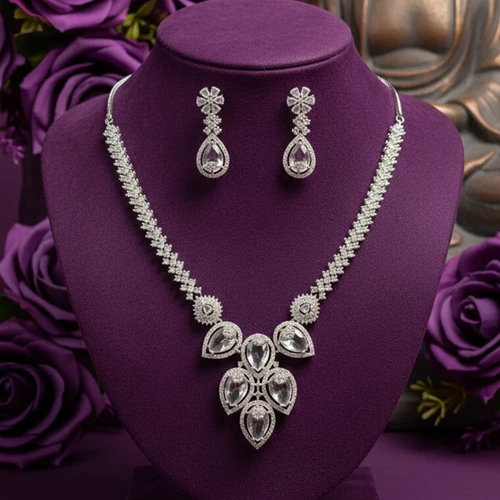 Rhodium-Plated Cubic Zirconia Studded Necklace Set