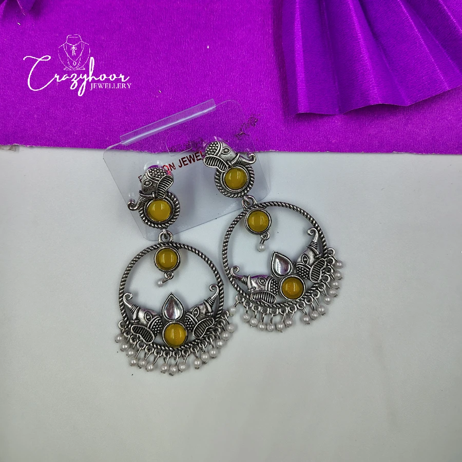 Premium Design Silver Replica Oxidized Monalisa Stone Earrings