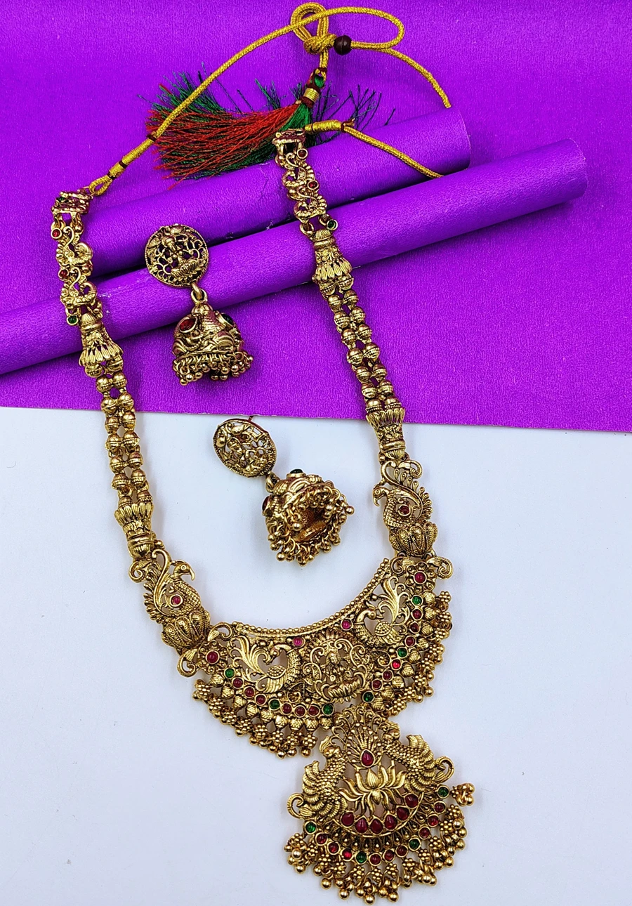 Crazyhoor Traditional Gold Platted Matte Finish Temple Laxmi Design Long Necklace Haram Set Along With Golden Pearls