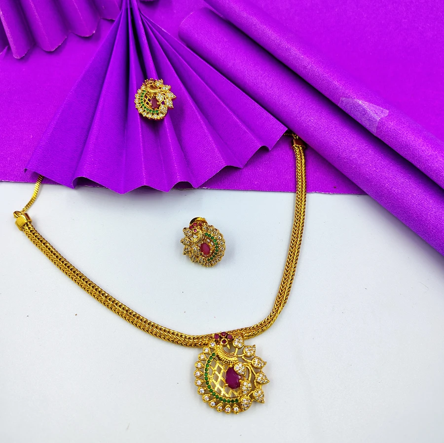 Premium Kemp AD CZ Stone Gold Antique Peacock Pendant Necklace Set with Studs