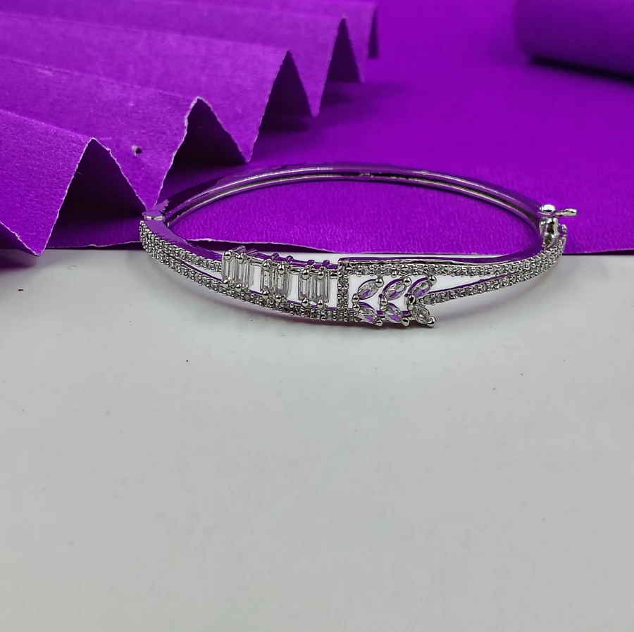 Rhodium-Plated Brass American Diamond Bangle-Style Bracelet